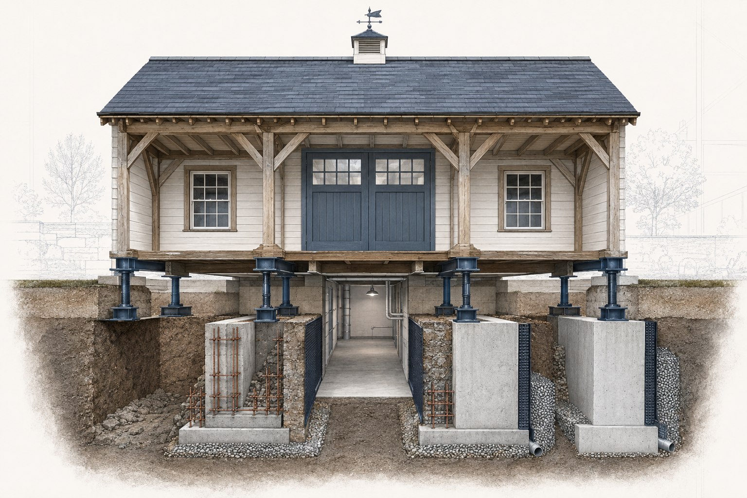 Conceptual cutaway illustration of a carriage house supported during staged foundation underpinning